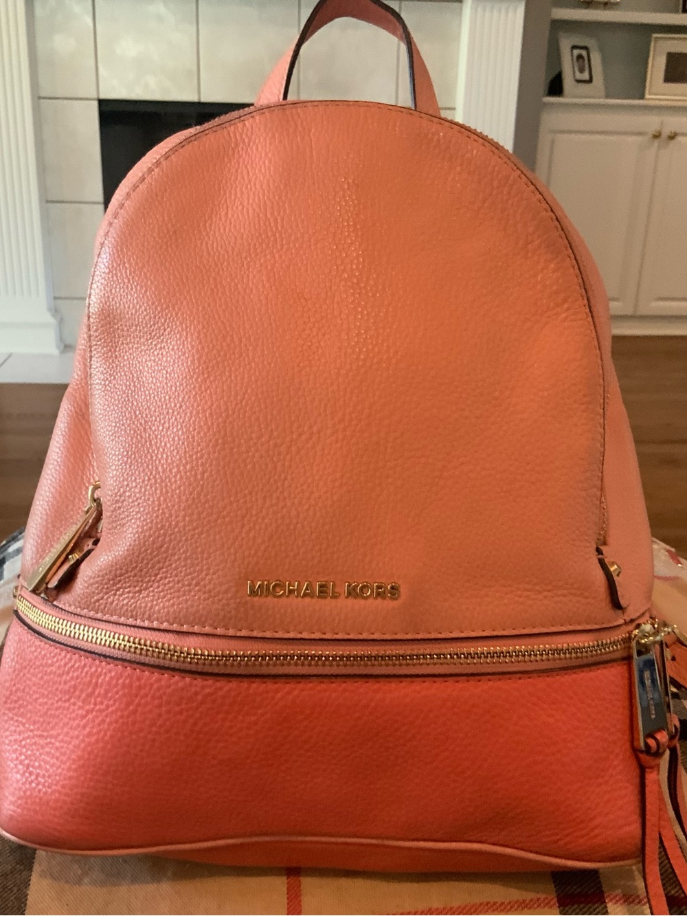 Michael Kors Coral-Pink Leather Backpack with Gold Accents